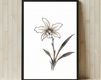 May include: Framed print of an orchid botanical illustration. The artwork uses black outlines and soft beige and grey shading. The print is in a black frame, displayed against a light wood background. The style is minimalist.