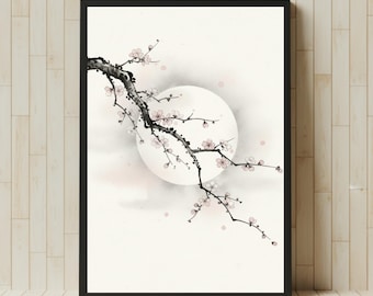 May include: A framed art print featuring a branch of a cherry blossom tree with delicate pink flowers. The black branch curves across a soft white background with a large, pale circle, evoking a full moon. The artwork is in a minimalist style.