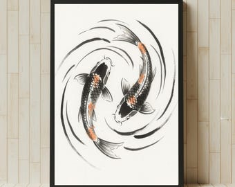 May include: Black framed art print featuring two koi fish swimming in a circular pattern. The fish are black with orange and white accents. The background is white with black brushstrokes suggesting water movement. The artwork is displayed against a light wood-paneled wall.