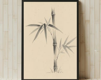 May include: A framed print featuring a minimalist watercolor painting of a bamboo stalk with leaves. The artwork is rendered in shades of gray and black against a beige background. The frame is black.