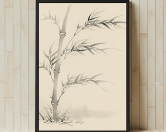 May include: Black framed art print featuring a minimalist bamboo illustration. The artwork depicts a bamboo stalk with delicate leaves in shades of gray and black against a cream-colored background. The style is reminiscent of traditional Asian ink wash painting.