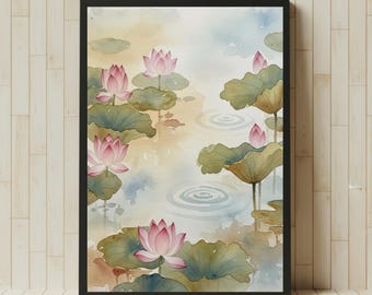 Japanese Lotus Pond Watercolor Print | Lotus & Lily Pads Wall Art | Zen Spa Bathroom Decor | Japandi Minimal Art | Digital Download