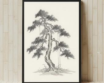 Könnte beinhalten: Schwarz gerahmter Kunstdruck mit einer detaillierten Tuschezeichnung eines Kiefernbaums. Das Kunstwerk zeigt eine stilisierte, monochrome Darstellung des Baumes mit zarten Ästen und Nadeln. Der Baum steht vor einem cremefarbenen Hintergrund.