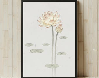 Japanese Lotus Watercolor Print | Lotus Stem & Bud with Lily Pads | Minimal Ink Wash Art | Zen Japandi Wall Decor | Digital Download
