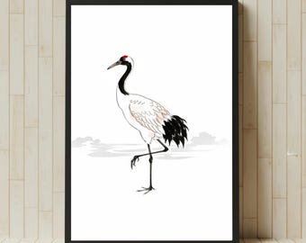 Grafika żurawia Sumi-e | Japońskie malarstwo tuszem zen (pobranie cyfrowe)