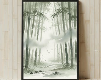 Stampa ad acquerello della foresta di bambù / Arte murale zen giapponese (download digitale)