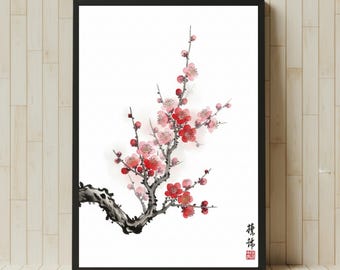 Sumi-e Cherry Blossom Print | Japanese Ink Painting (Digital Download)