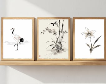 Sumi-e Print Set | Japanese Crane, Bamboo & Orchid Art (Digital Download)