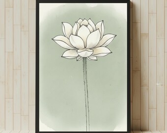 White Lotus Watercolor Print | Green Ink Wash Minimal Japanese Art | Zen Lotus Stem Wall Decor | Japandi Floral Art | Digital Download