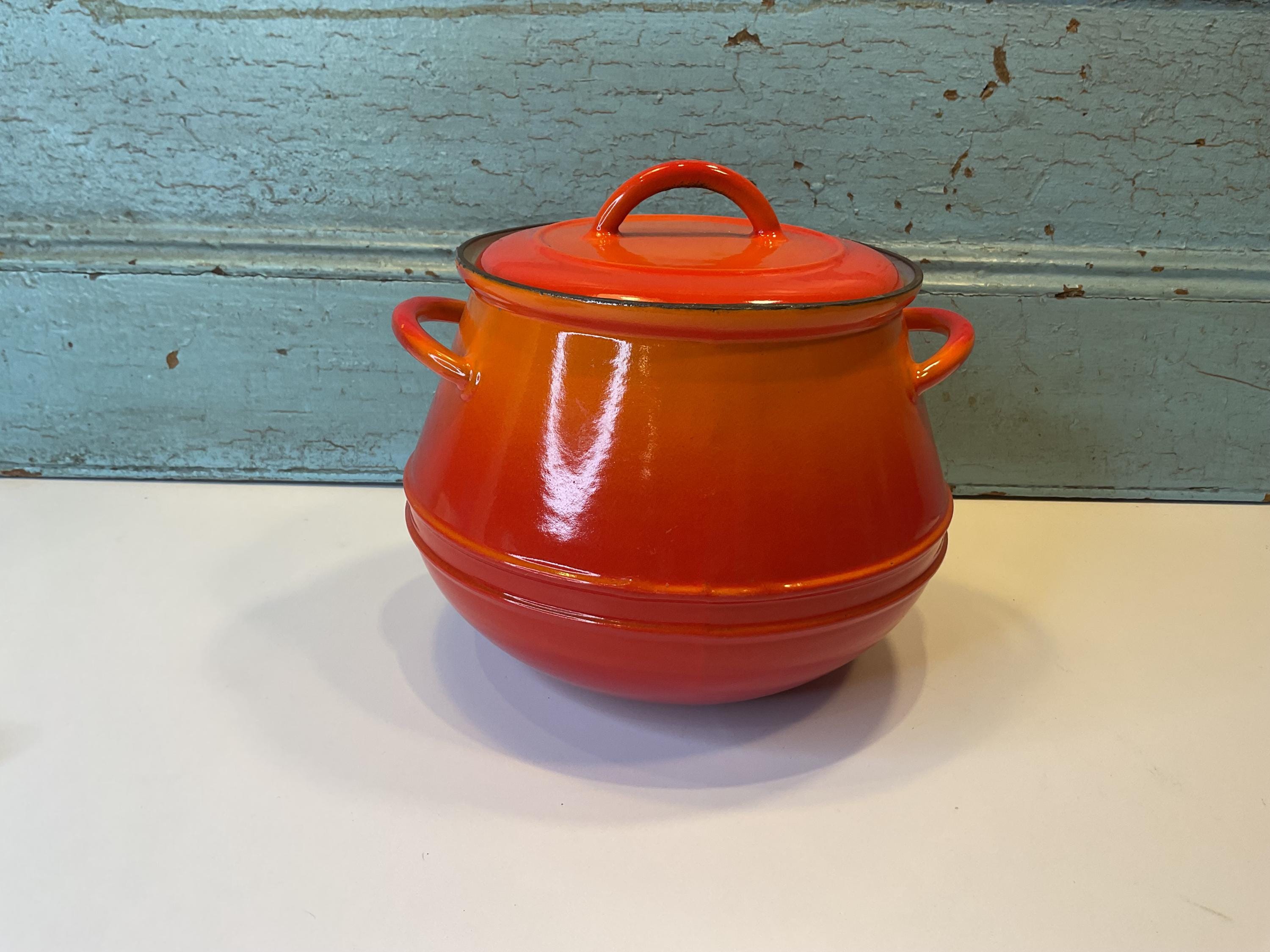 Vintage Descoware Belgium Red Orange Cast Iron Enamel Bean Pot 60