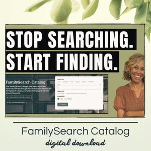 May include: A digital advertisement for the FamilySearch Catalog. The image features the text "STOP SEARCHING. START FINDING." and a smiling woman. The advertisement promotes finding books, records, and images through the FamilySearch website.