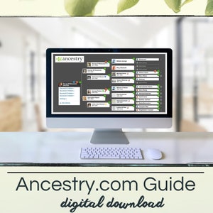 Peut inclure: Un écran d'ordinateur affichant un arbre généalogique sur Ancestry.com. L'écran montre un grand arbre généalogique avec de nombreuses branches et des noms. Le logo Ancestry.com est dans le coin supérieur gauche de l'écran. Le texte "Ancestry.com Guide téléchargement numérique" est sous l'image.