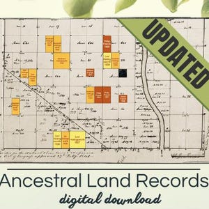 May include: A vintage map with a grid pattern and handwritten text. The map is divided into squares with numbers and names. The map is highlighted with yellow and orange squares. The text "UPDATED" is written in black on a green background.