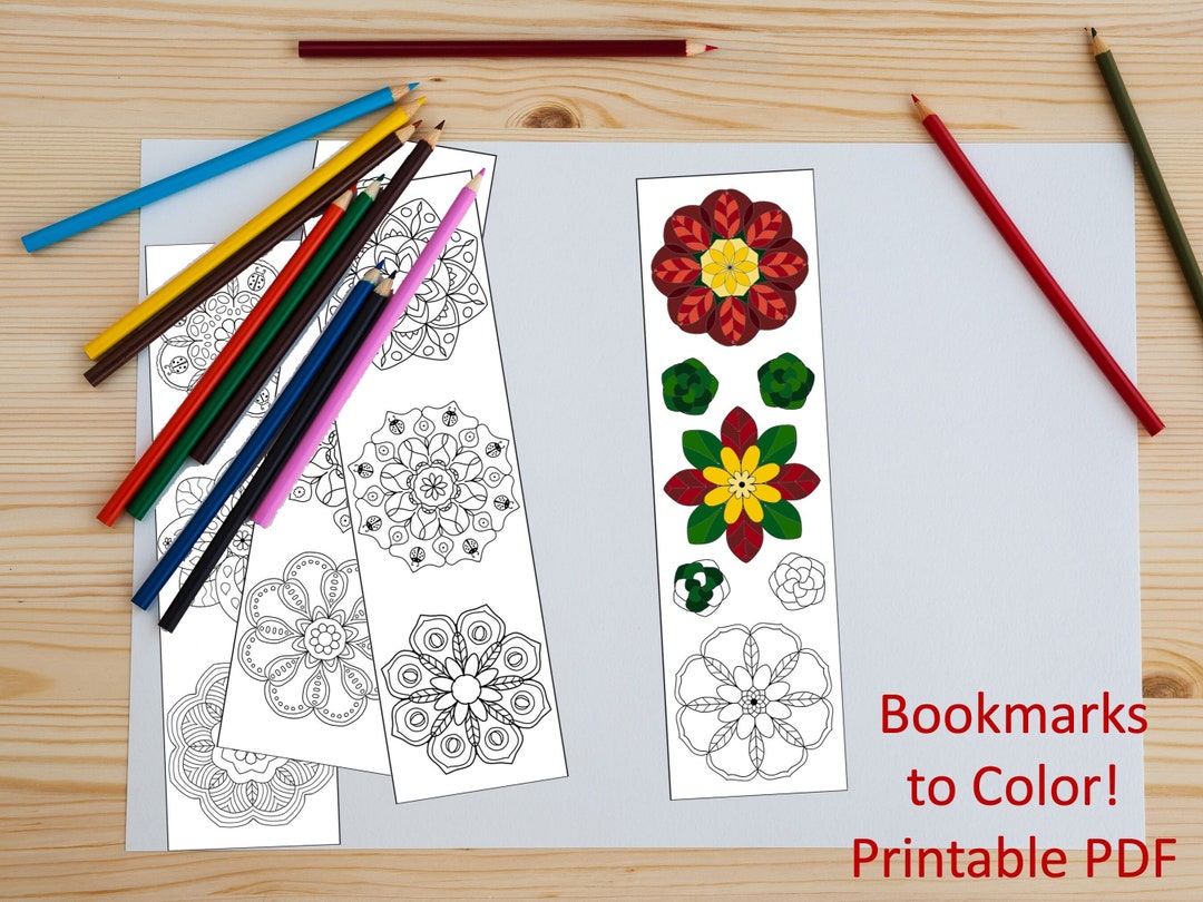 4 Hand Drawn Flower Mandala Bookmarks to Color, Printable PDF Instant
