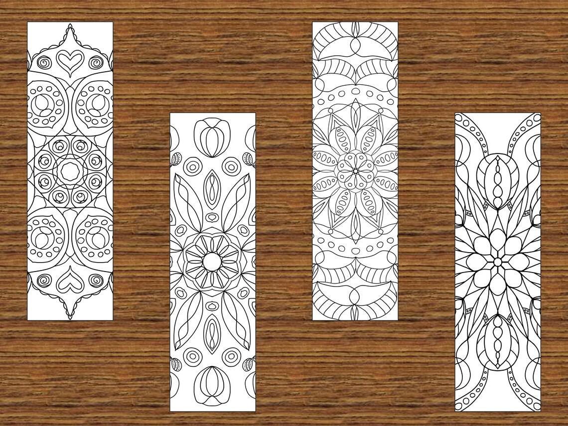 4 Hand Drawn Mandala Bookmarks to Color, Printable PDF Instant Download
