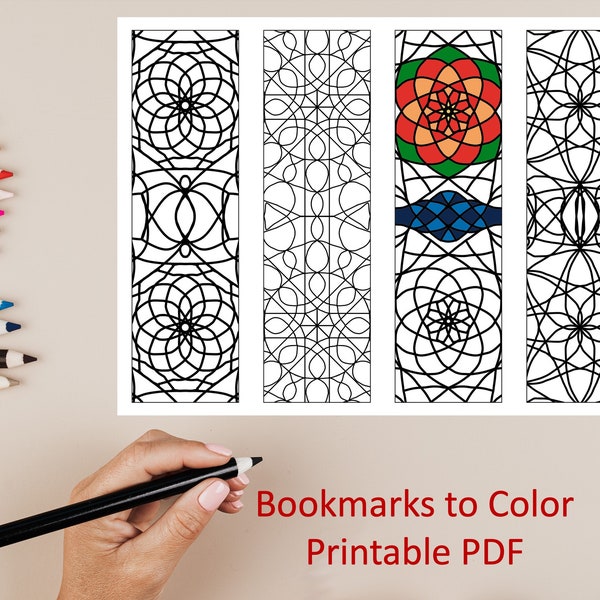 4 Geometric Stained-Glass Bookmarks to Color, Printable PDF Instant Download