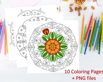 10 Hand Drawn Spring Mandala Coloring Pages, Printable PDF, PNG included