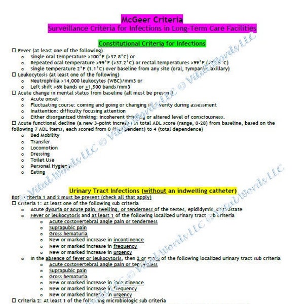 McGeer Criteria Infection Surveillance Reference Form