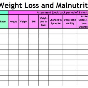 Könnte beinhalten: Ein Formular zur Überprüfung des Risikos von Gewichtsverlust und Unterernährung in einer Einrichtung mit Spalten für Bewohnerinformationen, Bewertung, Behandlung und Intervention sowie Nachsorge.