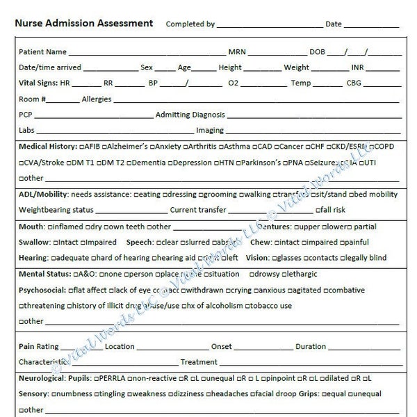 Nurse Head to Toe Admission Assessment (Version 2)