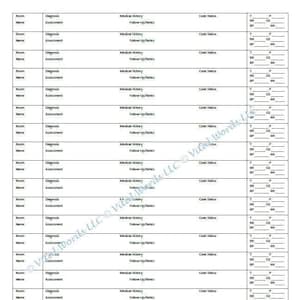May include: A blank medical chart form with columns for room number, diagnosis, assessment, medical history, follow-up notes, and code status.