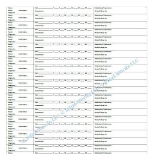 May include: A blank medical chart form with headings for patient name, room number, code status, assessment, pain, respirations, oxygen saturation, blood pressure, weight, medications, treatments, and notes. The form is designed for recording patient information and vital signs.
