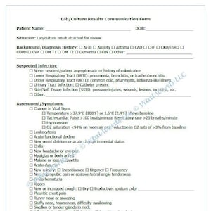 Könnte beinhalten: Ein weißes medizinisches Formular mit dem Titel "Laborkultur-Ergebnis-Kommunikationsformular" mit Abschnitten für Patienteninformationen, vermutete Infektion, Beurteilung und Symptome sowie eine Empfehlung. Das Formular enthält Kontrollkästchen für verschiedene Symptome und Erkrankungen.