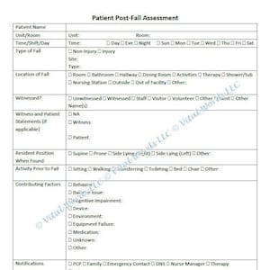 Op de afbeelding: Een printbaar formulier voor de beoordeling na een val van een patiënt met selectievakjes voor verschillende categorieën, waaronder patiëntinformatie, locatie van de val, bijdragende factoren, meldingen en interventies. Het formulier is ontworpen voor medische professionals om vallen van patiënten te documenteren en te beoordelen.