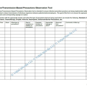 May include: A blank form titled "Isolation/Transmission-Based Precautions Observation Tool" with columns for date, time, room, type of precautions, start of symptoms or initiation of precautions, expected duration of precautions, appropriate signage in place, removed from precautions, comments or follow-up, and observer initials.