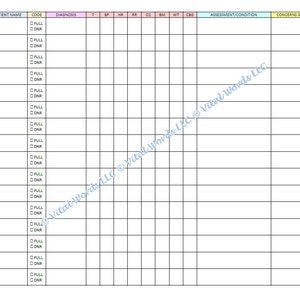 May include: A blank medical chart with columns for room number, patient name, code, diagnosis, temperature, blood pressure, heart rate, respiratory rate, oxygen saturation, body mass index, weight, and blood glucose. The chart also includes columns for assessment and condition, and concerns and follow-up.