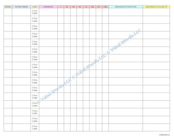 Op de afbeelding: Een blanco medisch formulier met kolommen voor kamer nummer, patiëntnaam, code, diagnose, temperatuur, bloeddruk, hartslag, ademhalingsfrequentie, zuurstofverzadiging, body mass index, gewicht en bloedsuiker. Het formulier bevat ook kolommen voor beoordeling en conditie, en zorgen en follow-up.