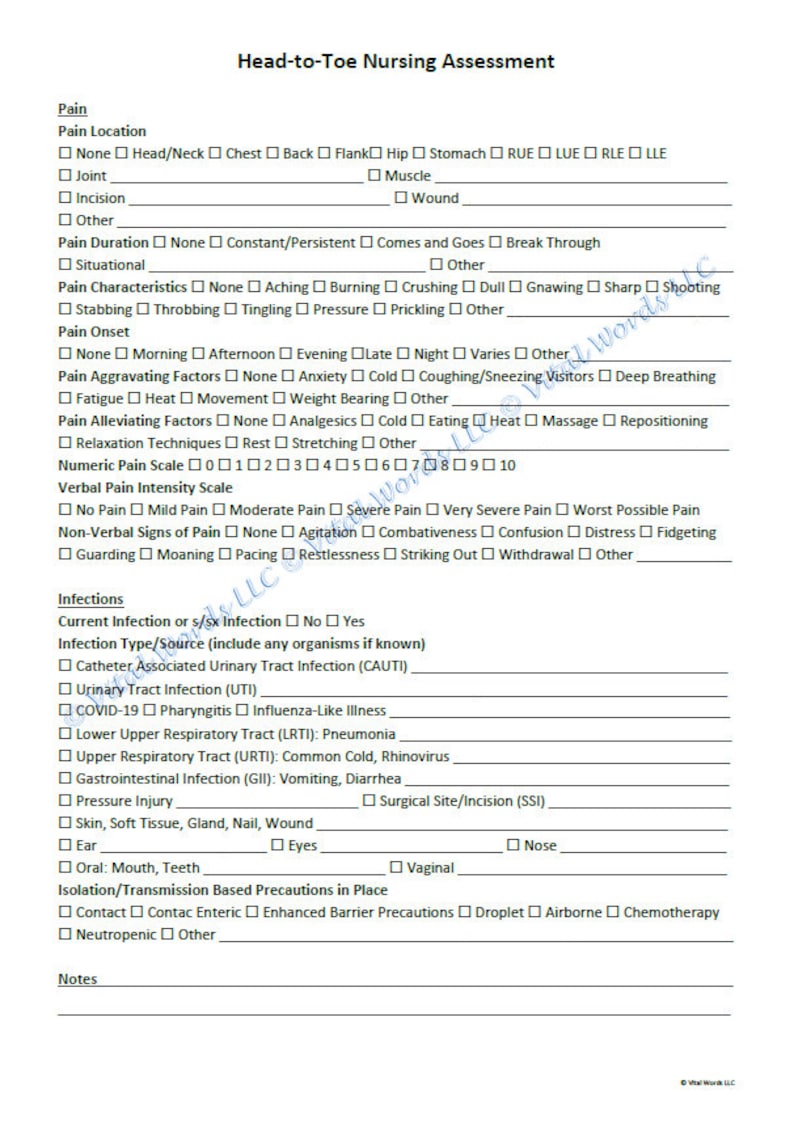 Head-to-toe Nursing Assessment Form With Check-boxes - Etsy