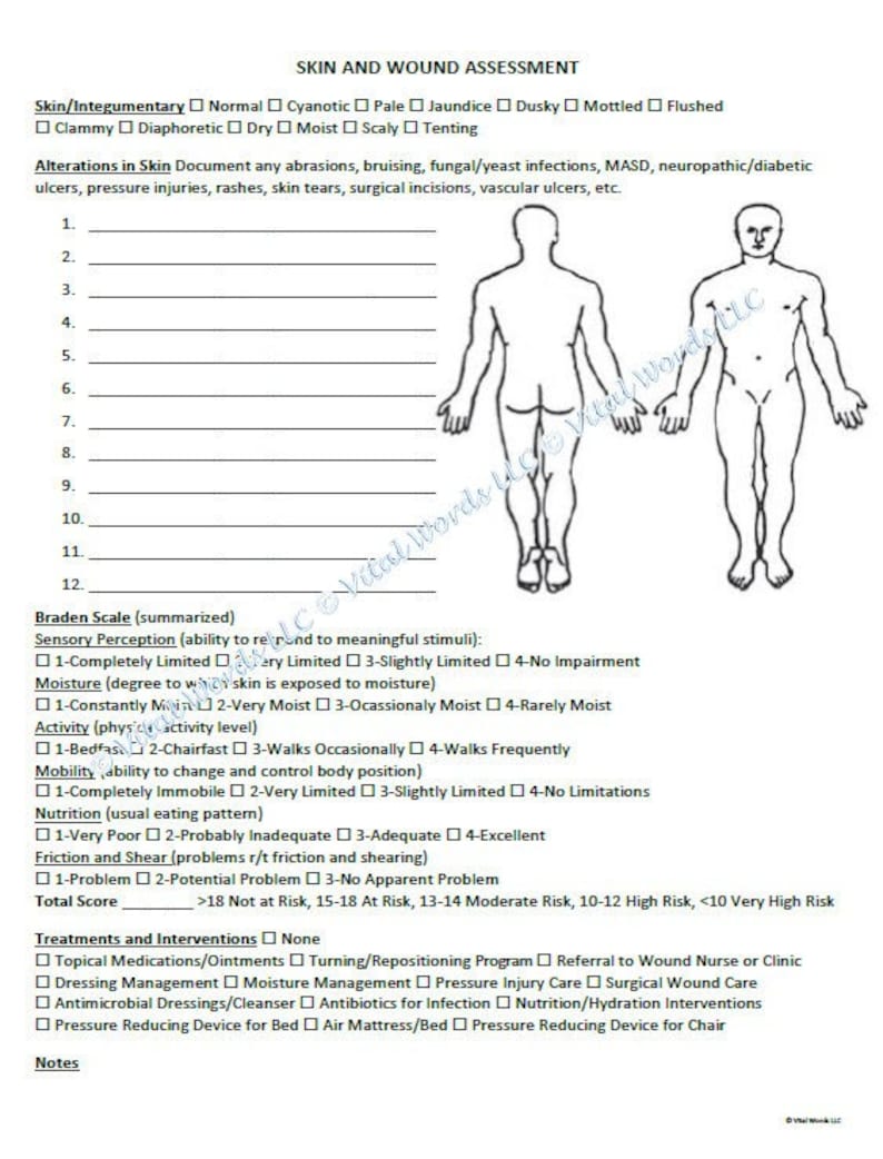 Skin and Wound Assessment WITHOUT Vocabulary With Braden Scale - Etsy