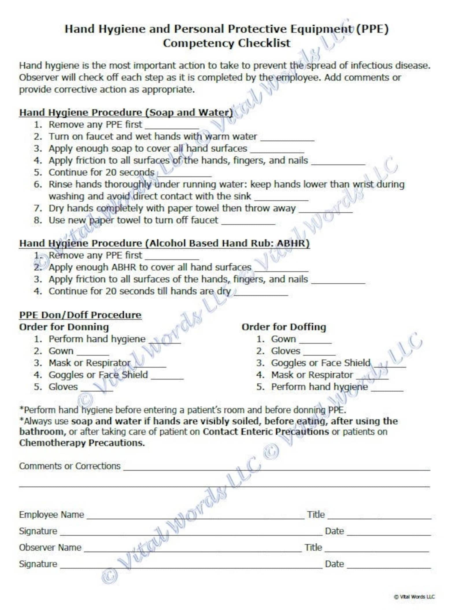 Hand Hygiene and PPE Donning/doffing Competency Checklist Etsy