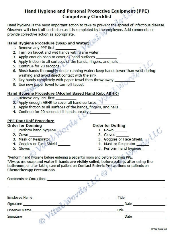 Hand Hygiene and PPE Donning/doffing Competency Checklist Etsy