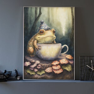 Watercolor Toad Art #4, Frog Drinking Coffee Wall Art Print, Animal Prints, Aesthetic Art Design, Trendy Home Decor