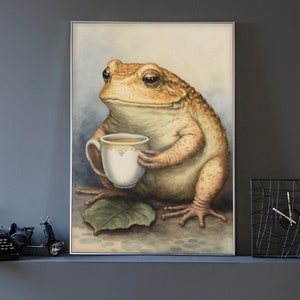 Watercolor Toad Art #1, Frog Drinking Coffee Wall Art Print, Animal Prints, Aesthetic Art Design, Trendy Home Decor