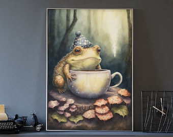 Watercolor Frog Art Print: Toad Drinking Coffee, Cottagecore Decor