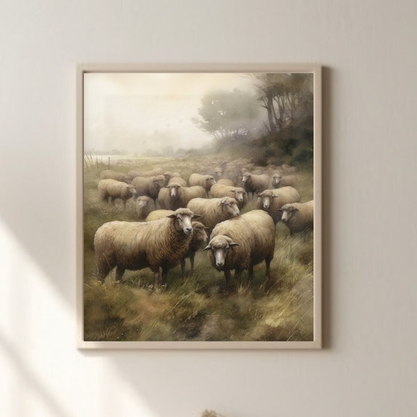 Vintage Landschaftsmalerei von Schafen|Druckbare Wand-Dekor|Schaf-Malerei|Vintage Druck|Cottage Core Decor|Friedliche Landschaft|Digitaldruck