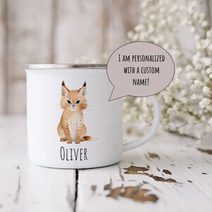 Personalized Name Lynx Illustration Camping Enamel Mug, Cute Watercolor Animal Coffee Cup, Wildlife Themed Hot Chocolate Enamel Drinkware