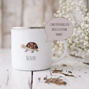 Cute Watercolor Turtle Mug, Personalized Camping Enamel Coffee Cup, Outdoor Adventure Drinkware, Cute Animal Design Gift For Sister Brother