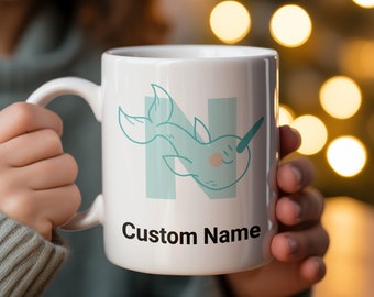 Personalized Narwhal Coffee Mug, Custom Name Ocean Theme Monogram Cup, Unique Gift for Sea Creature Lovers, Personalized Initial Name Mug