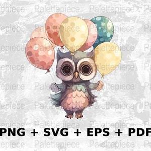 Handdrawn owl with balloons Svg Png Eps PDF, Commercial Use Clipart Vector Graphic for Wall Art, Tshirts,Sublimation Print on Demand