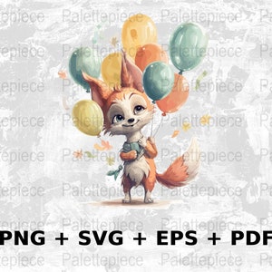 Happy handdrawn fox with balloons Svg Png Eps PDF, Commercial Use Clipart Vector Graphic for Wall Art, Tshirts,Sublimation Print on Demand
