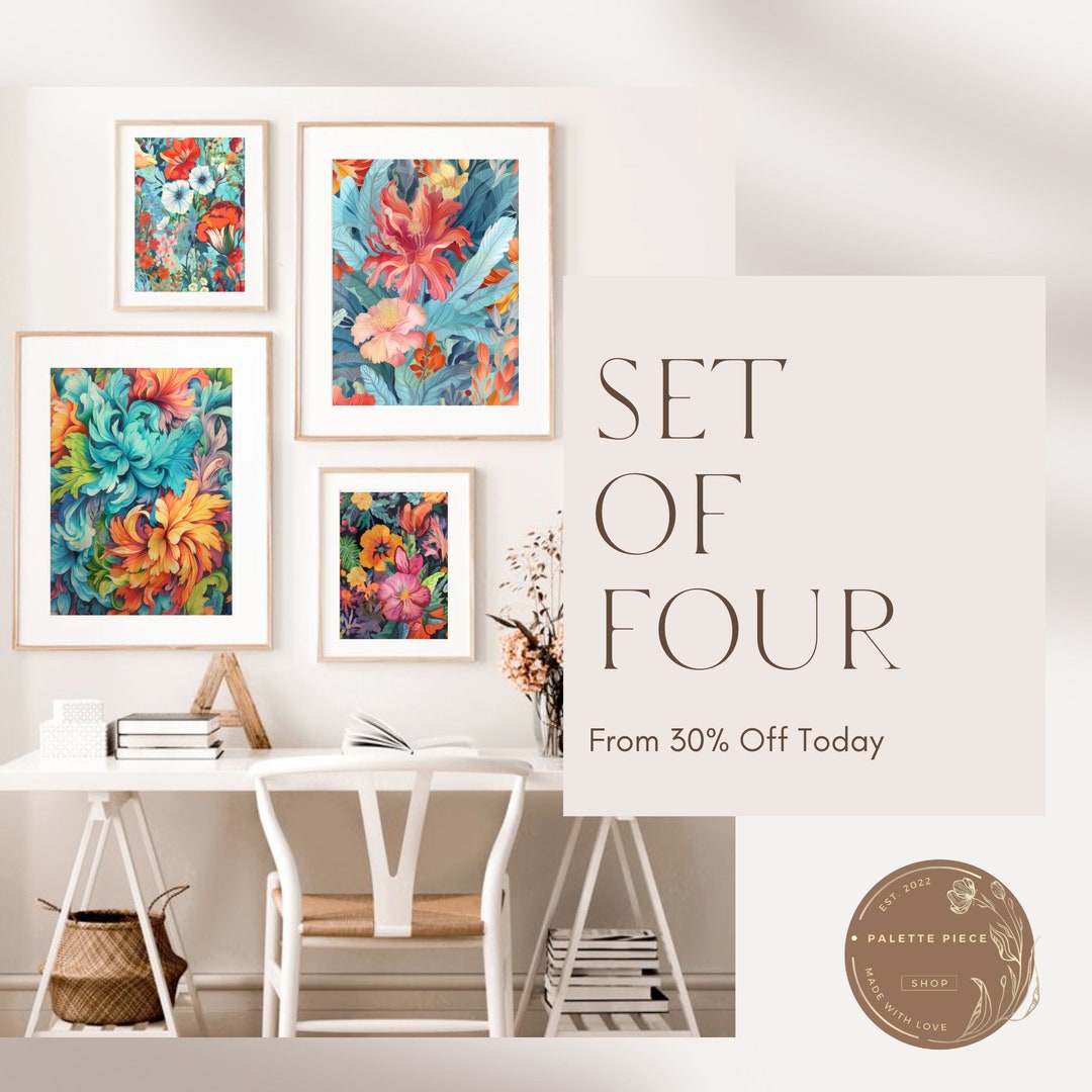 Set of Four Floral Prints, Digital Art,floral Instant Art, Wall Art Set ...