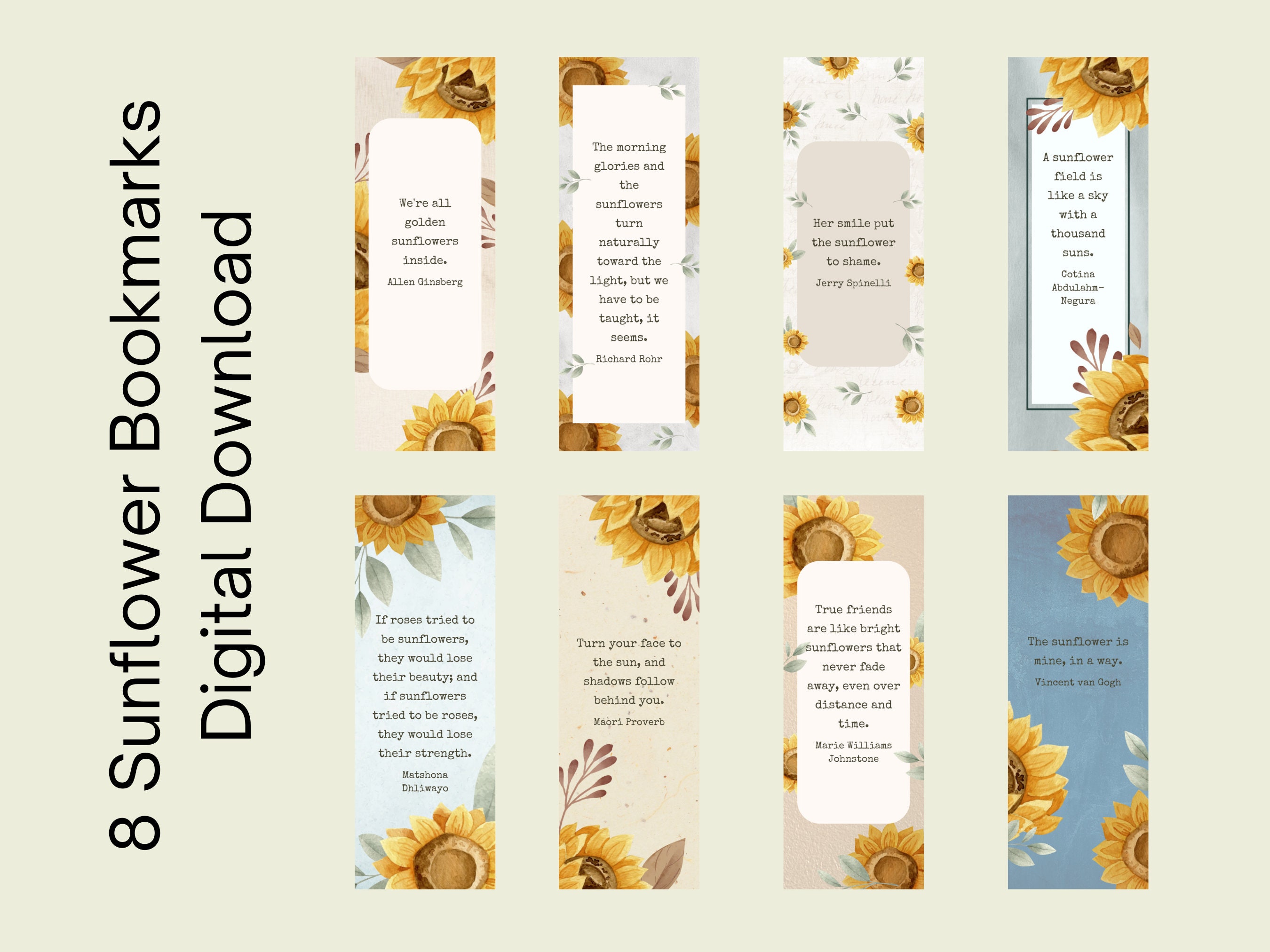 Sunflower Bookmark Printable Set, 8 Bookmarks, Bookworm Gift, Gift for ...