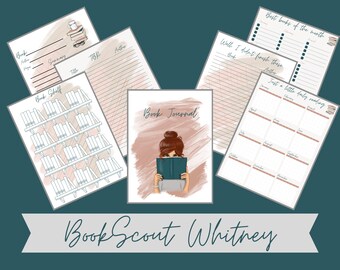May include: A collection of printable book journal pages with a teal background. The pages include sections for book summaries, TBR lists, and monthly reading logs. The central image is a woman reading a book. The text "Book Scout Whitney" is at the bottom.