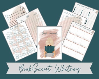 May include: A printable book journal with a pink and white color scheme. The journal includes sections for tracking books read, a book shelf, and a monthly reading log. The cover features a woman reading a book with the text "Book Journal" above her.