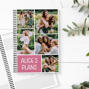 May include: A spiral-bound planner featuring a photo collage of women. The images are arranged in a grid and show women in outdoor settings. The text "ALICE'S PLANS" is displayed in white on a pink background.