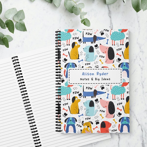 Pawsome Dogs Notebook A5 Personalised Journal Notes Lined Blank Pages Wirebound Ladies Kids School Work Office Stationery Dog Lover Gift